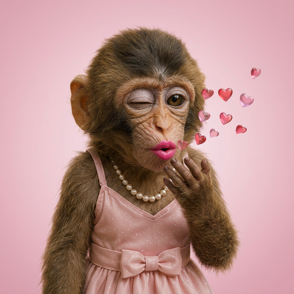 Ape girl winking and blowing a kiss