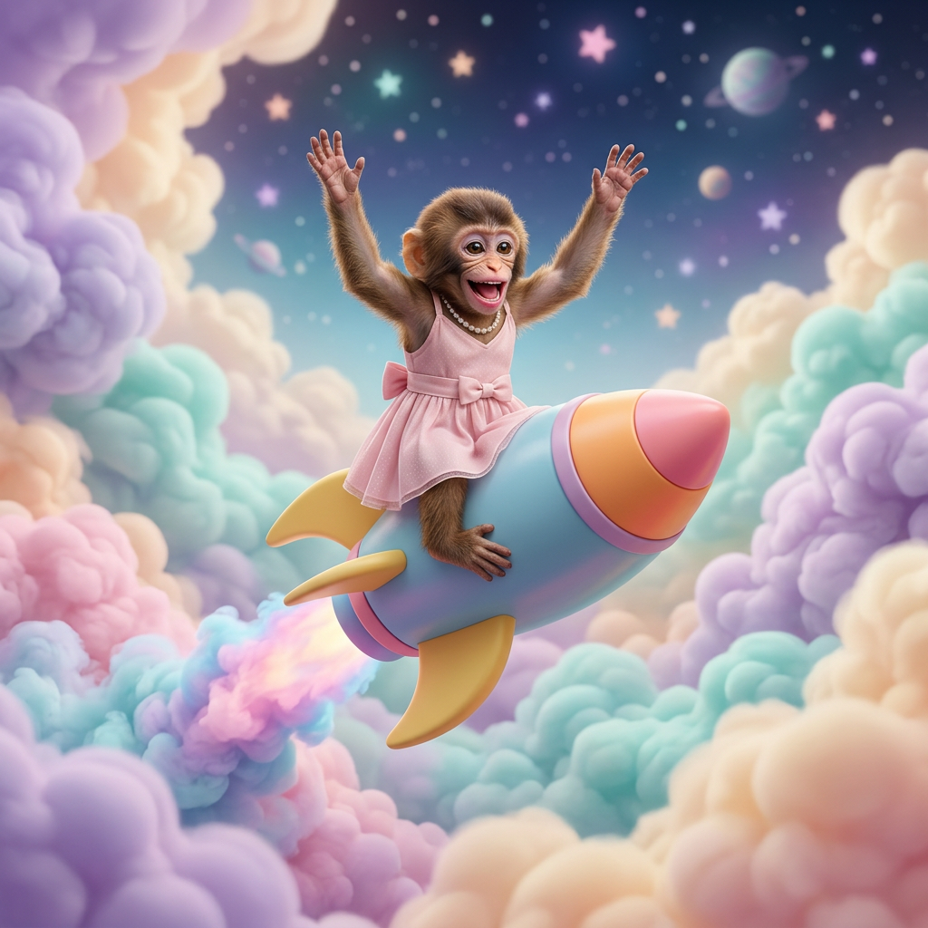 Ape girl riding a rocket through pastel clouds