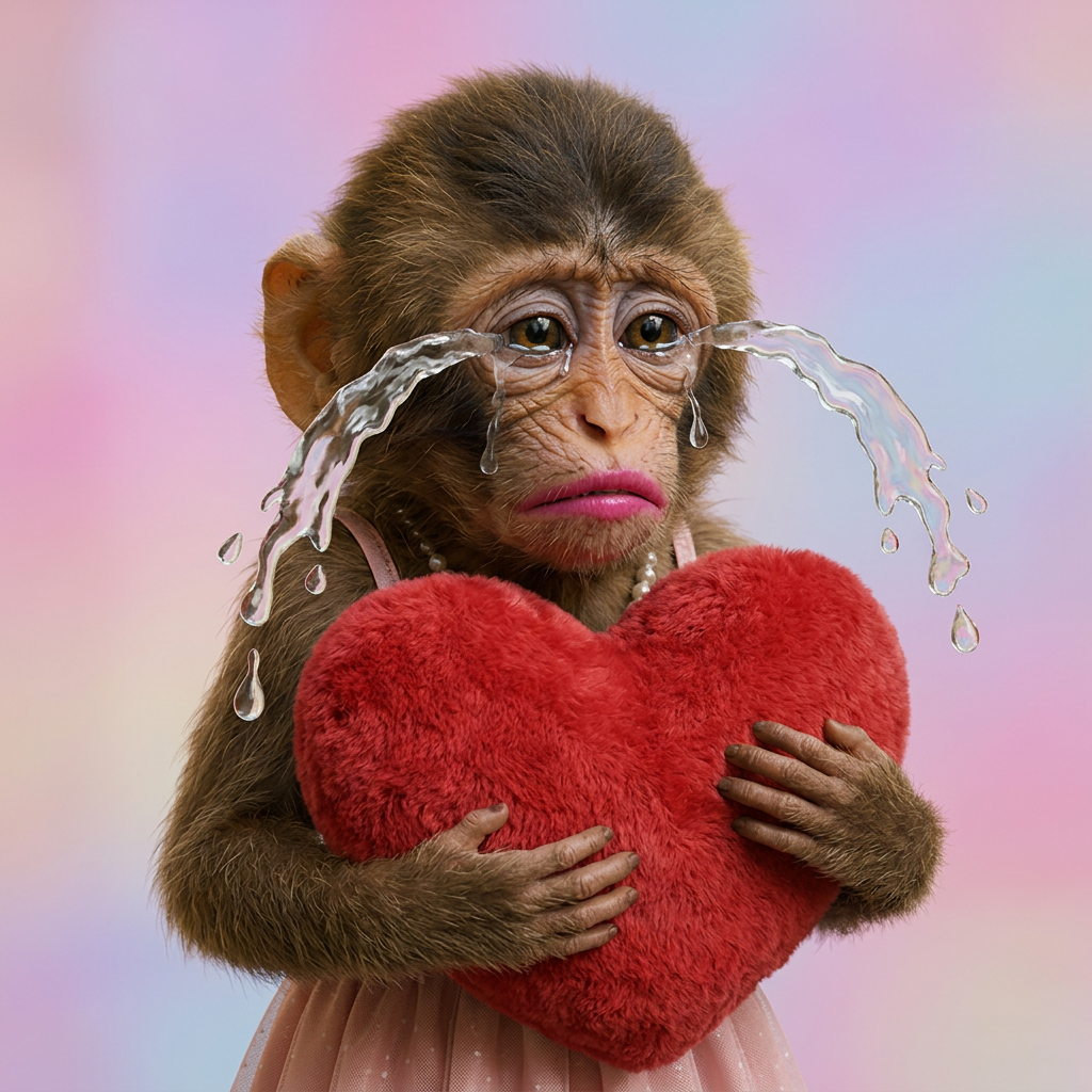 Ape girl crying while hugging a heart pillow