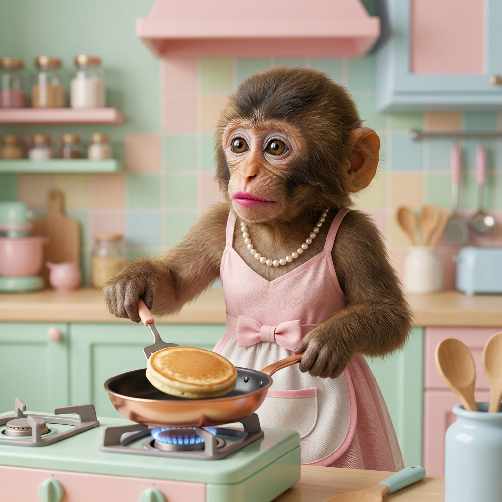 Ape girl flipping a pancake in a pastel kitchen