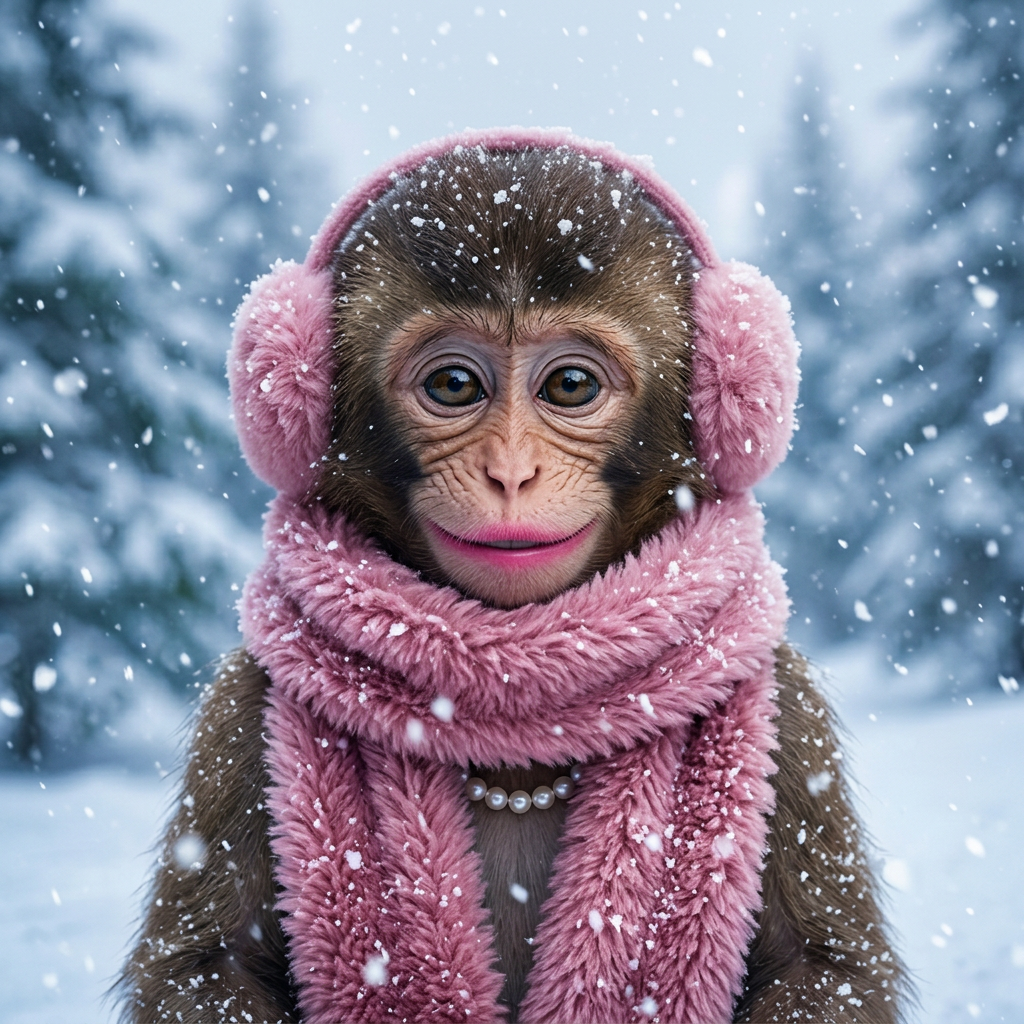 Ape girl in a pink scarf in the snow