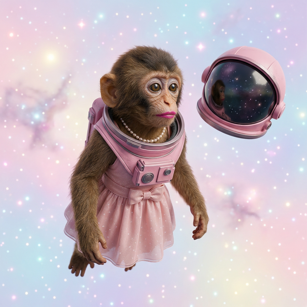 Ape girl floating in space in a pink suit