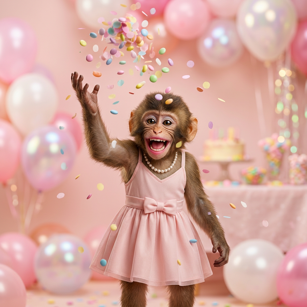 Ape girl throwing confetti at a party
