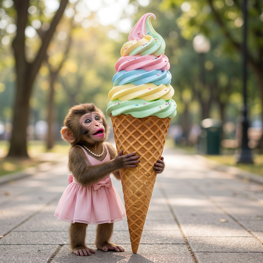 Ape girl holding a giant ice cream cone