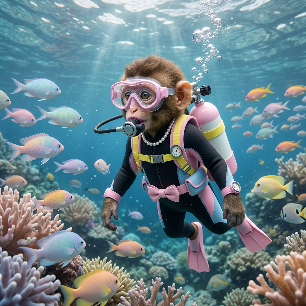 Ape girl scuba diving with tropical fish