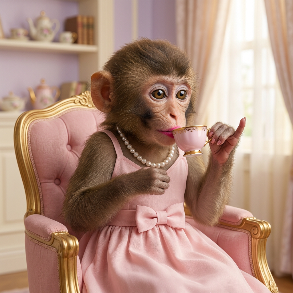 Ape girl sipping tea in a pink armchair