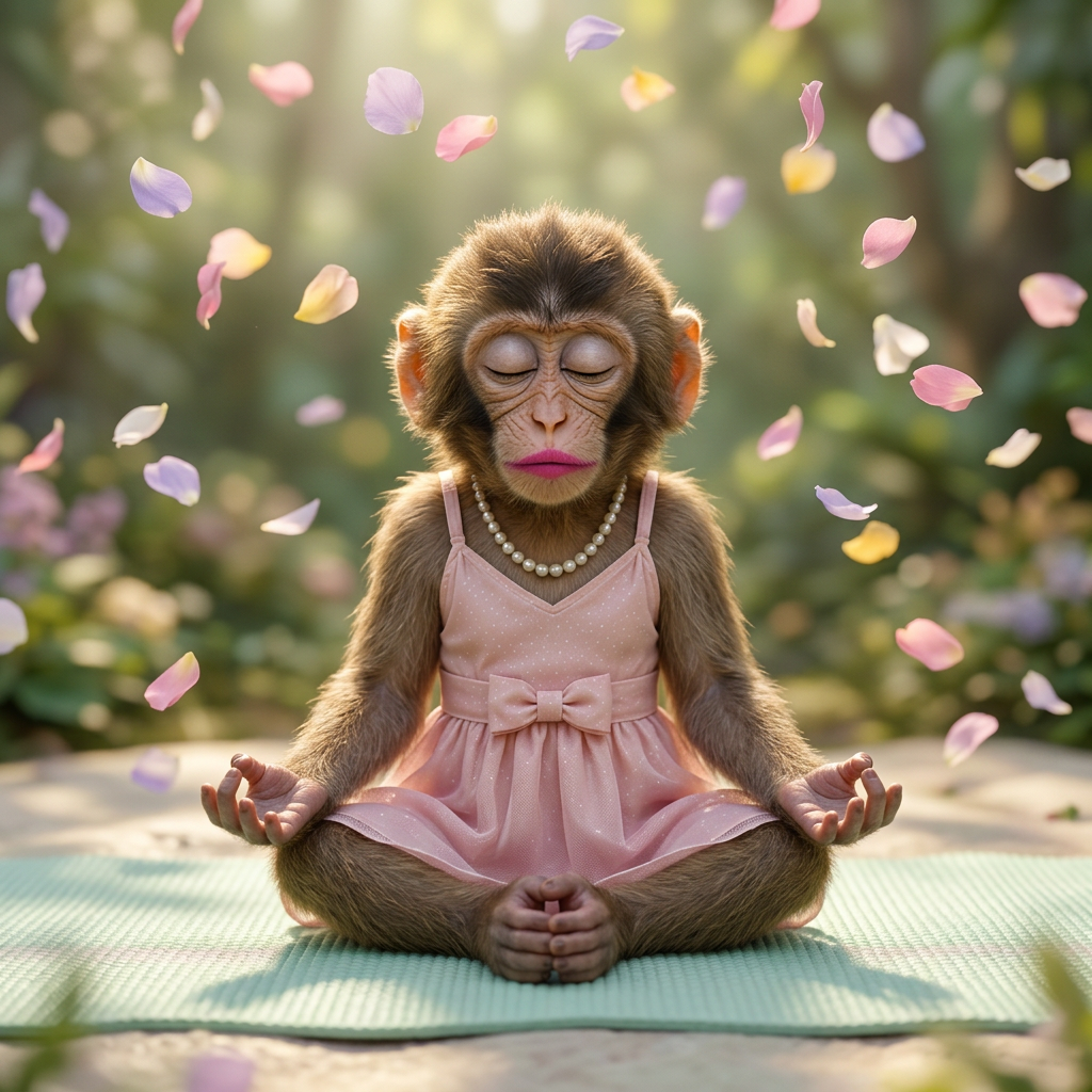 Ape girl meditating on a yoga mat