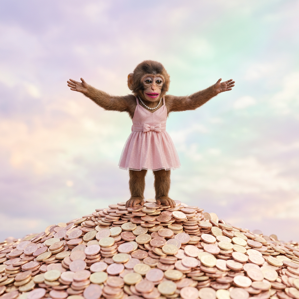 Ape girl standing on a pile of coins