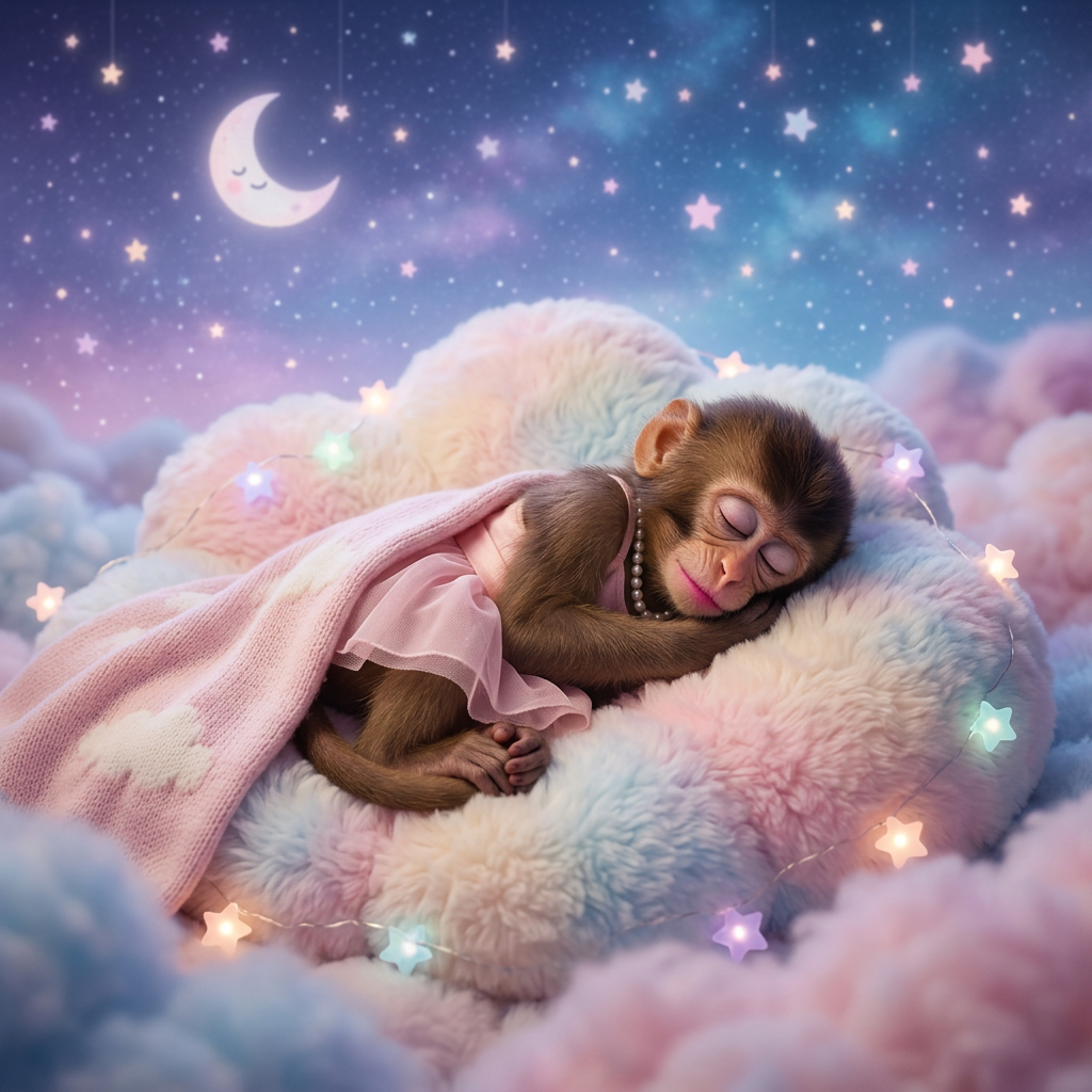 Ape girl sleeping on a cloud pillow