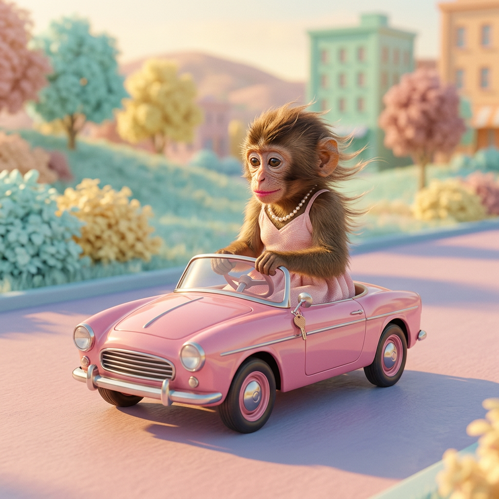 Ape girl driving a pink convertible