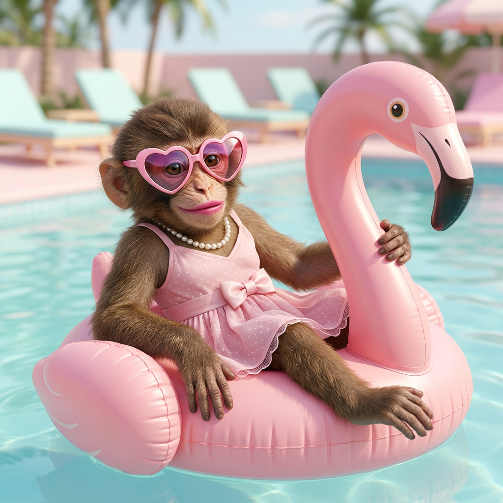 Ape girl in heart sunglasses on a flamingo float