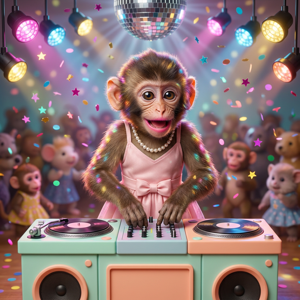 Ape girl DJing with disco lights
